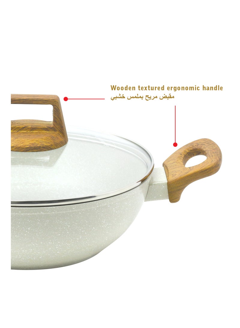 Bergner 24cm (2L) Cast Aluminum Stir-Fry Pan with Glass Lid & Trivet, Marble Non-Stick Coating Deep Frying Pan, Even Heating Kadai, Low Oil Use Healthy Cooking Wok, Induction & Gas Stove Compatible - Image 4